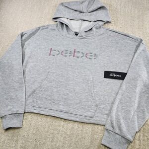 Bebe Sport Hoodie Women Large Cropped Sweatshirt Heather Gray Bedazzled Y2K